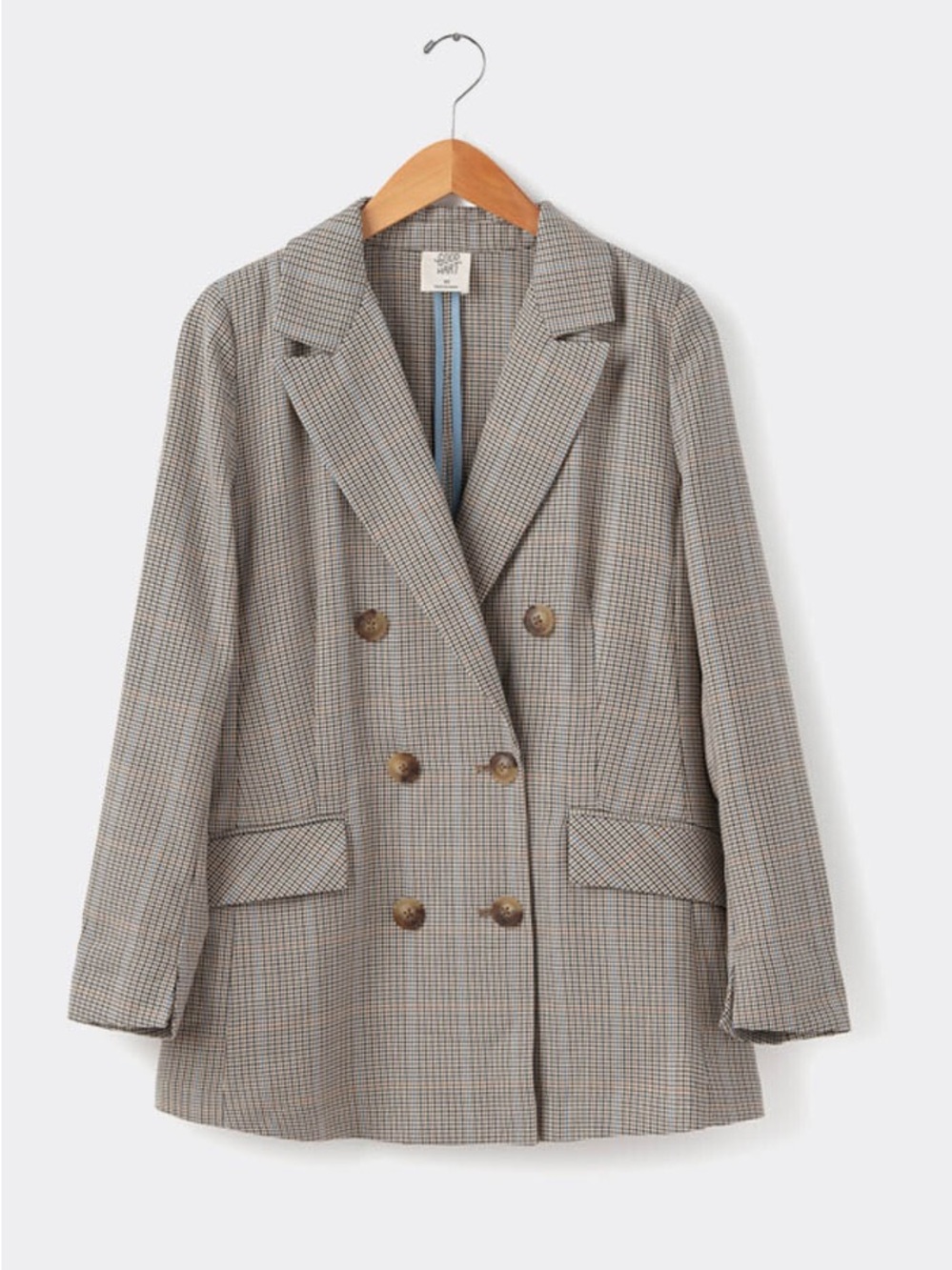 Good Hart Double-Breasted Plaid Blazer in Tan and Brown